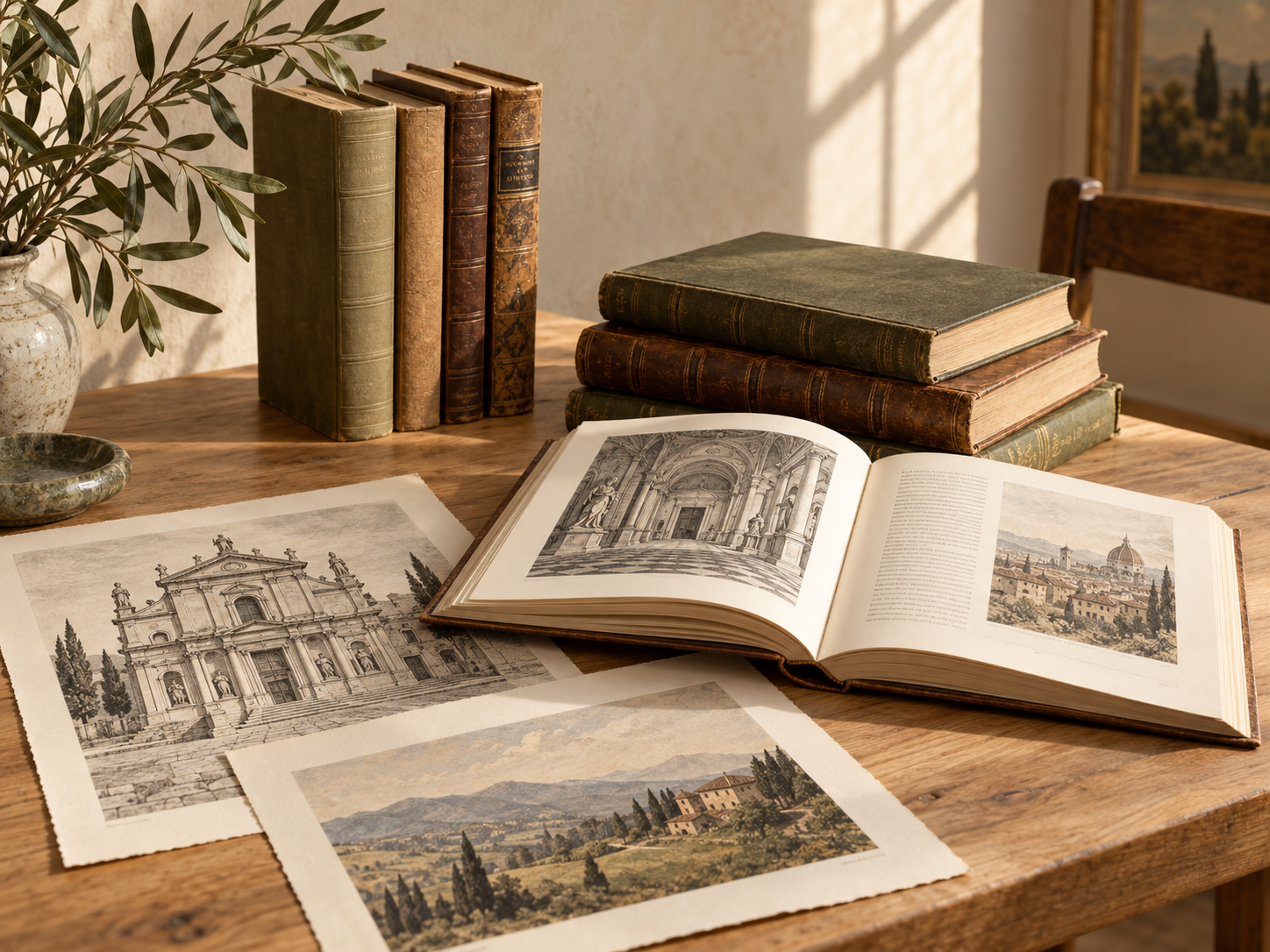 Книги, архитектурная гравюра и пейзажная литография на столе